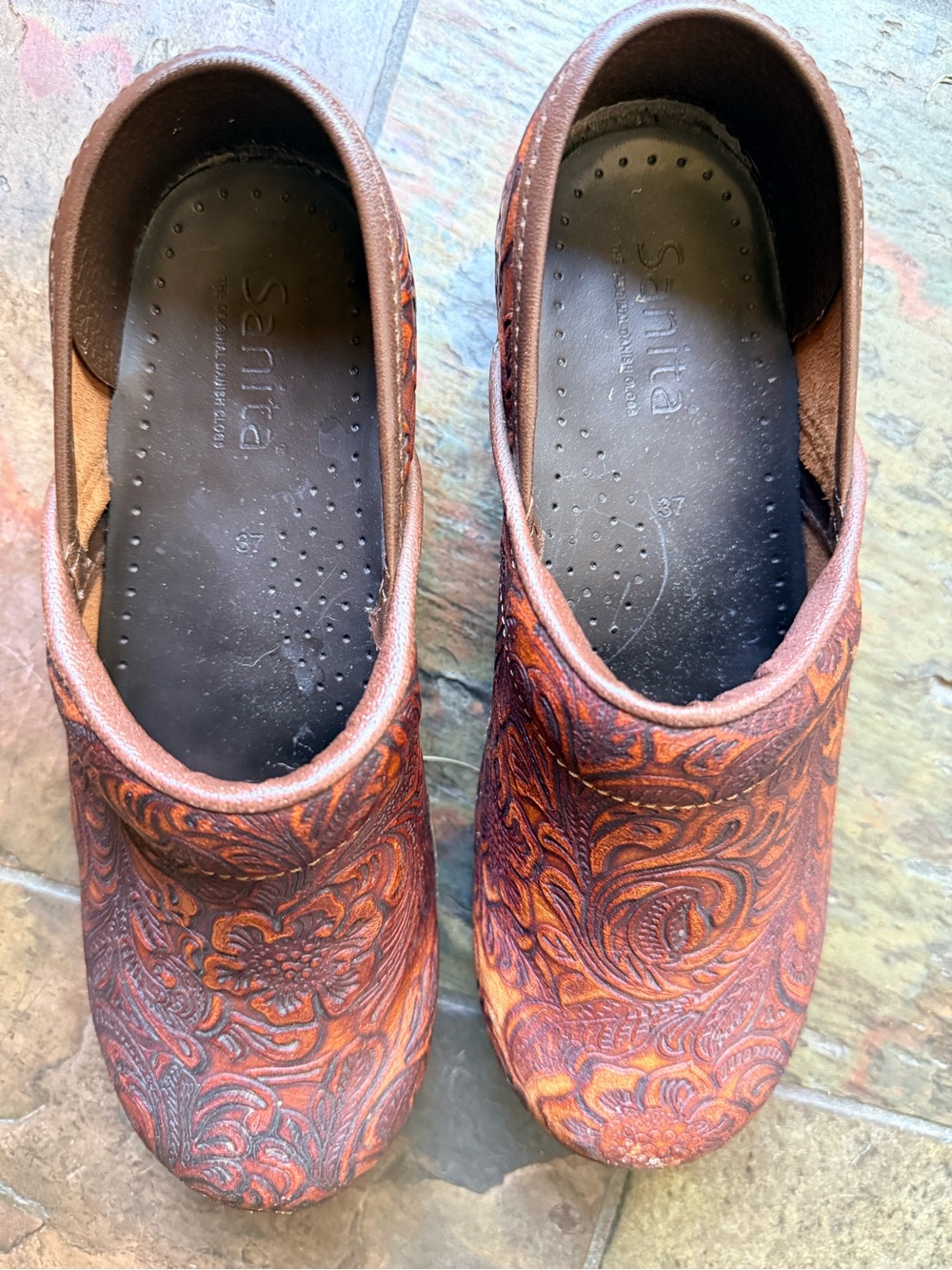 Sanita Brown Hand Tooled Floral Leather Clogs Size 37